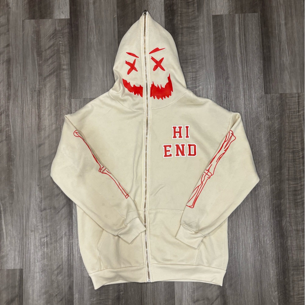 Cream and Red Full Zip-up Graphic Hoodie